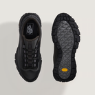 Black athletic shoes shown from top and bottom view on a light gray background