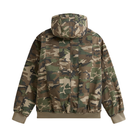 A hooded jacket with a classic green, brown, and beige camouflage pattern, shown from the back against a plain white background.