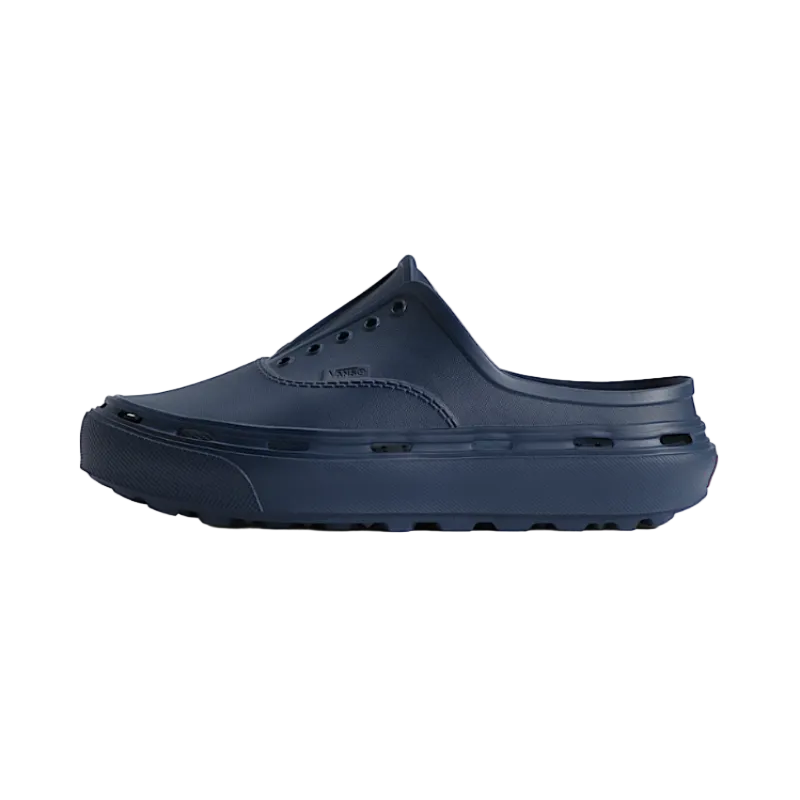 Navy blue clog shoe on a white background