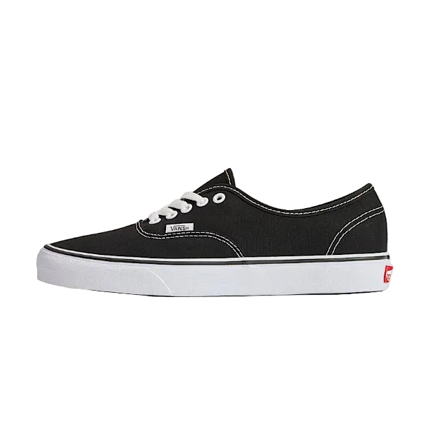 Vans Authentic Shoe in Black and White featuring the original low-top canvas design, vulcanized construction, and signature waffle outsole.