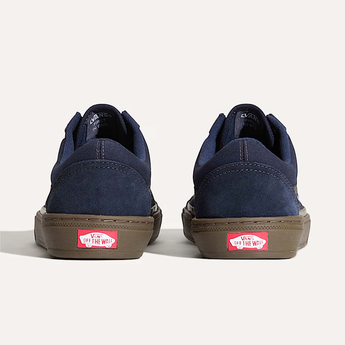 Back heel view of the Vans BMX Old Skool Parisian Night shoes, showing the durable deep blue suede and canvas upper with reinforced heel design, padded collar, and classic Vans Off The Wall branding. Built for BMX and MTB flat pedal riders with Wafflecup™ pedal grip sole, DURACAP™ underlays, and PopCush™ cushioning for long-lasting performance.