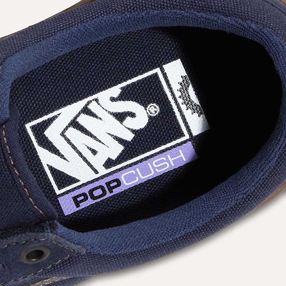 Interior view of the Vans BMX Old Skool Parisian Night shoes showing the PopCush™ insole for impact protection, energy return, and reduced leg fatigue. Designed as a low-top BMX and MTB riding shoe with Wafflecup™ pedal grip sole and DURACAP™ reinforcements for all-day durability and comfort.