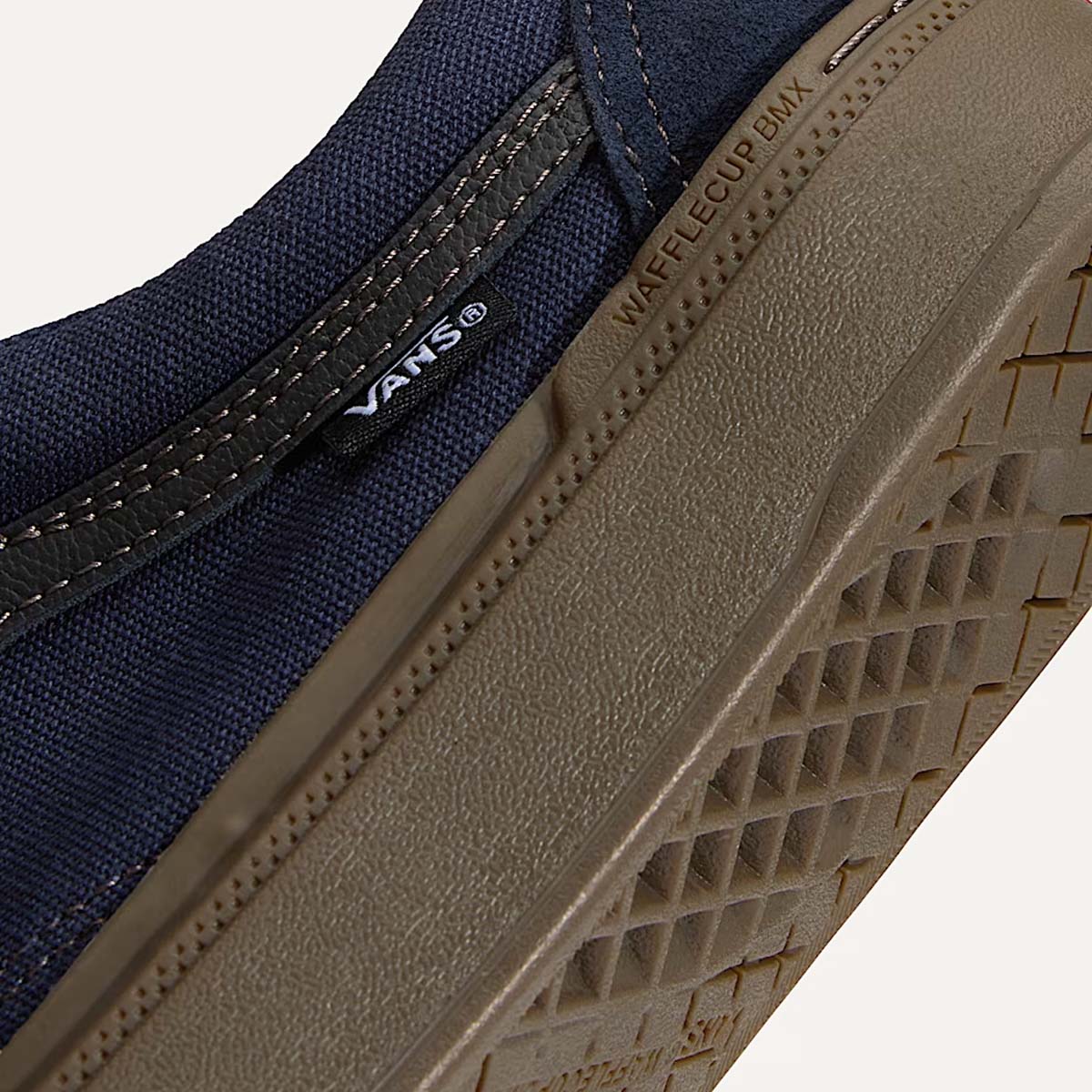 Detail shot of the Vans BMX Old Skool Parisian Night shoes highlighting the Wafflecup™ BMX sole construction with reinforced design for maximum pedal grip, durability, and support. Built for BMX and MTB flat pedal riders with DURACAP™ overlays and PopCush™ cushioning for long-lasting performance.