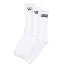 Three pairs of Vans Classic Crew Socks in White featuring full cushioning, ribbed construction, and the iconic Vans logo for everyday wear.