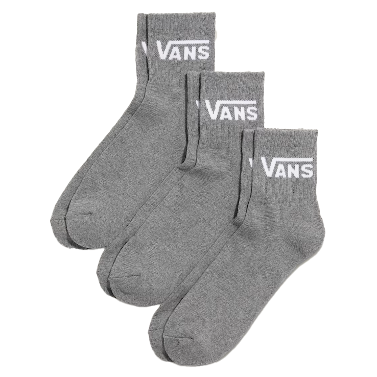 Vans Classic Half Crew Socks 3-Pack in a heathered grey set featuring cushioned soles, ribbed cuffs, and jacquard logos for soft, secure everyday comfort