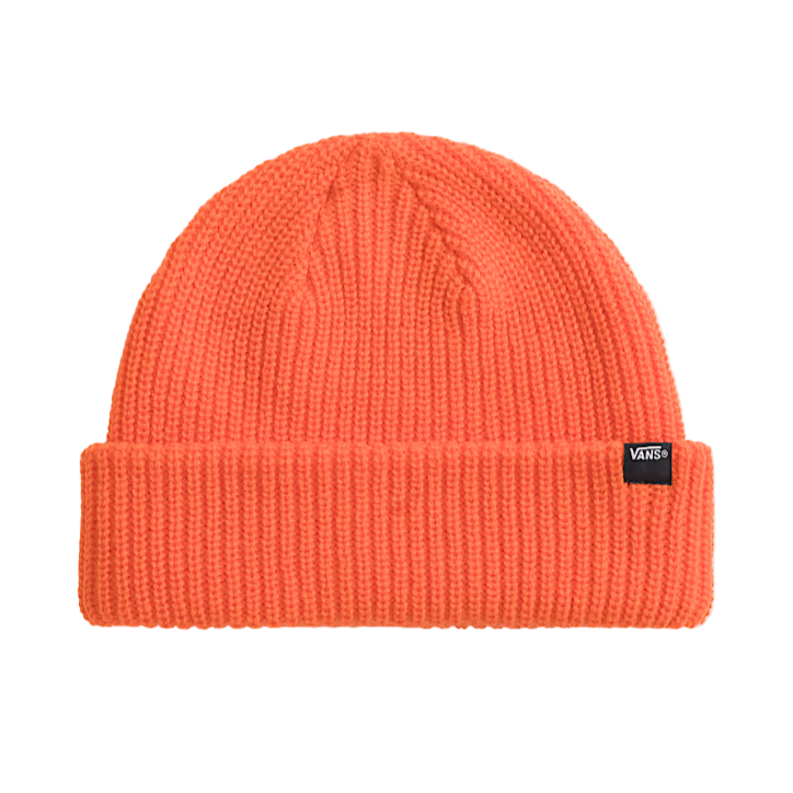 Front view of the Vans Core Basic Cuff Beanie in flame red-orange, a soft acrylic knit hat with classic cuffed design built for daily cold-weather wear