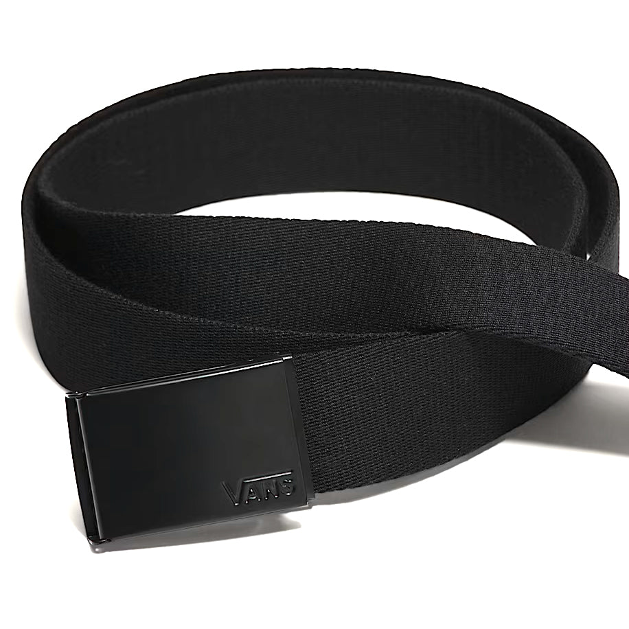 All-black Vans Deppster Web Belt with adjustable clamp buckle, a durable tactical belt for everyday carry, range days, and off-duty missions