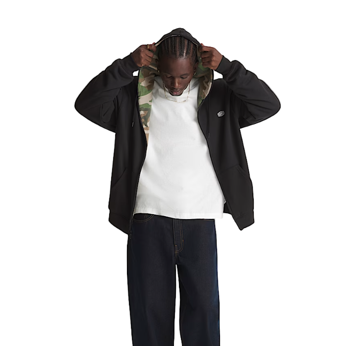 Vans Dover Hoodie shown with hood up, combining thermal-lined fleece and tactical streetwear style for everyday cold-weather missions.