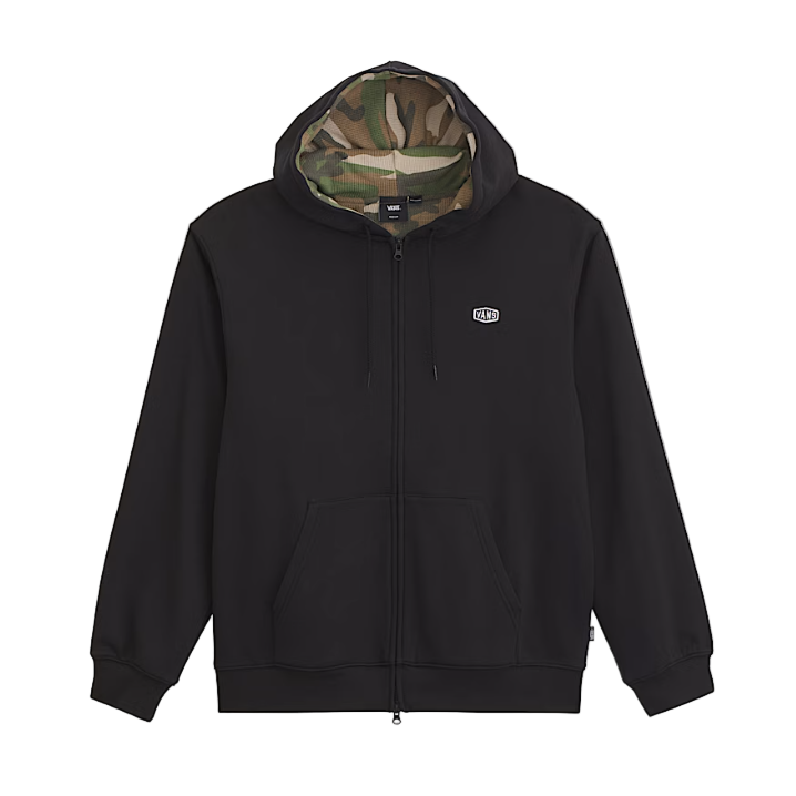 Front view of Vans Dover Thermal Zip Hoodie featuring midweight black fleece with embroidered patch and full-zip closure for tactical comfort.