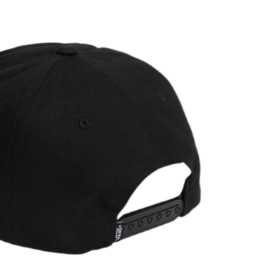 Back view of the black Vans Drop V Snapback Hat featuring adjustable snapback closure and Vans flag label, designed for a custom off-duty fit