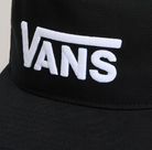 Close-up of the embroidered Drop V logo on the black Vans Snapback Hat, highlighting clean stitching and front-panel detail on this classic 5-panel cap