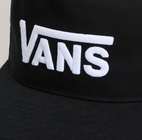 Close-up of the embroidered Drop V logo on the black Vans Snapback Hat, highlighting clean stitching and front-panel detail on this classic 5-panel cap