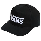 Front view of the Vans Drop V Snapback Hat in black showing 5-panel structure, curved bill, and direct embroidered Drop V logo for clean everyday wear