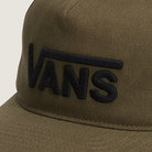 Close-up of embroidered Drop V logo on the Vintage Cocoa Vans Snapback Hat, showcasing clean stitching and classic structure on the front panel