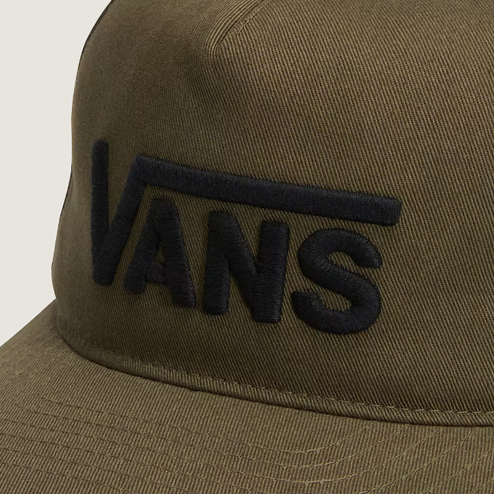 Close-up of embroidered Drop V logo on the Vintage Cocoa Vans Snapback Hat, showcasing clean stitching and classic structure on the front panel