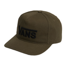 Front view of the Vans Drop V Snapback Hat in Vintage Cocoa brown, featuring curved bill, 5-panel shape, and embroidered Drop V logo for clean everyday style