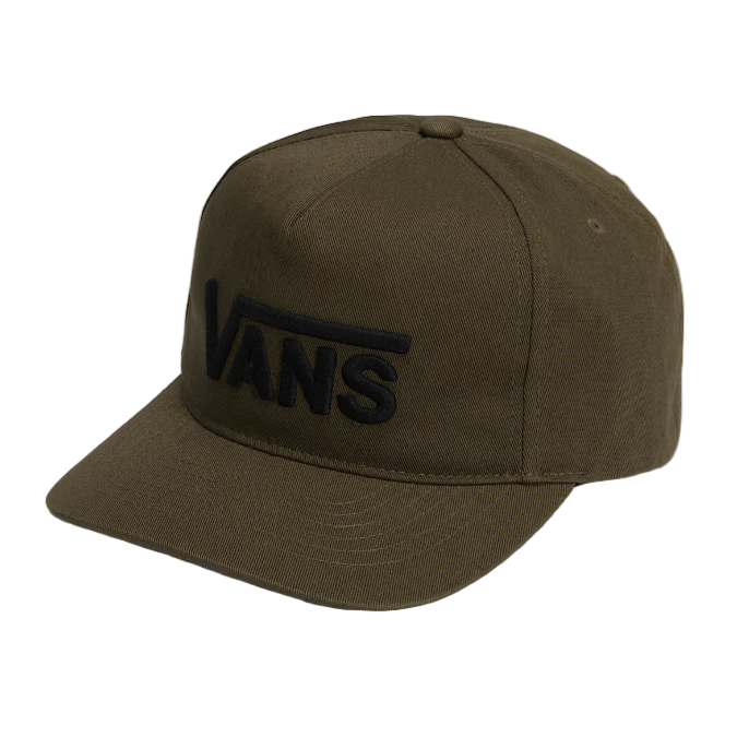Front view of the Vans Drop V Snapback Hat in Vintage Cocoa brown, featuring curved bill, 5-panel shape, and embroidered Drop V logo for clean everyday style