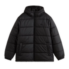 Front product shot of the Vans Hillgate Puffer Jacket in Black showing the hooded insulated design with 10 oz poly fill, recycled polyester shell, and rugged cold weather construction built for winter range days and outdoor missions.