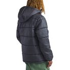 Three quarter back view of the Vans Hillgate Puffer Jacket in Black being worn showing the hooded insulated design with 10 oz poly fill and recycled polyester shell built for cold weather performance.