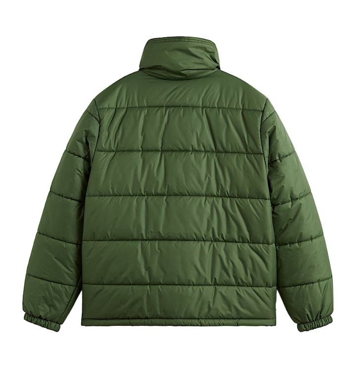 Back product shot of the Vans Hillgate Puffer Jacket in Pine Forest Green showing the streamlined hoodless insulated construction with recycled polyester shell designed for cold weather comfort, travel, and range use.