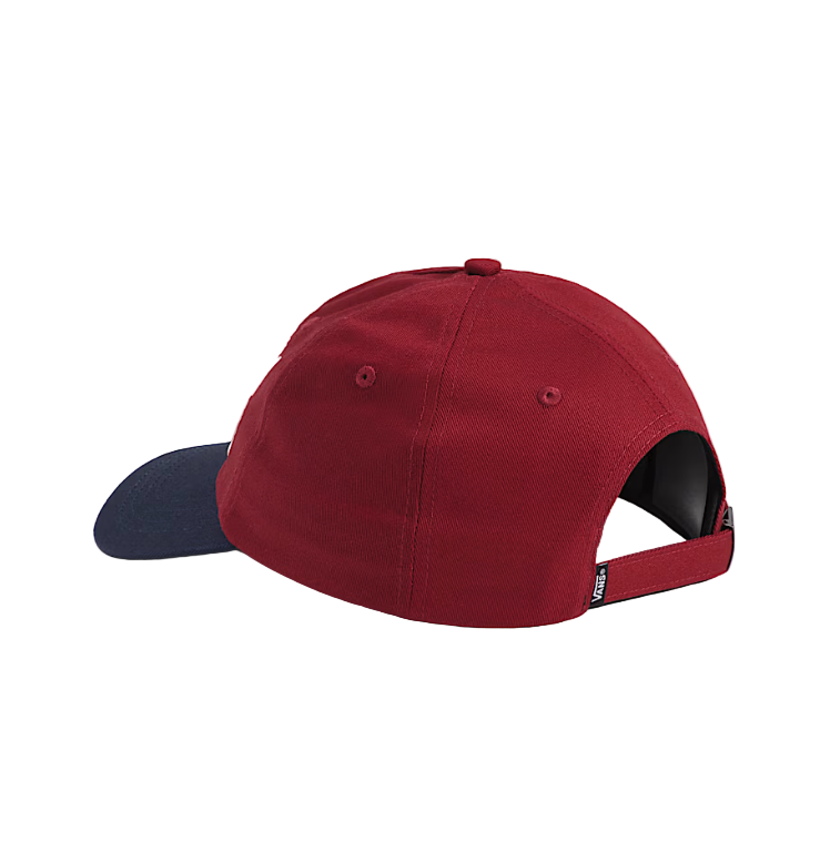 Back view of the Vans Lakden Hat in Bordeaux Red with navy details, featuring clean 6-panel construction and Vans flag label above the closure seam