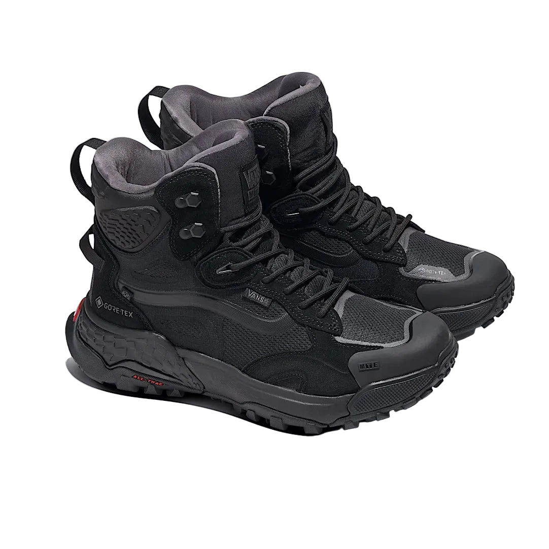 Vans MTE Crestline ADV Gore-Tex in all black colorway featuring waterproof GORE-TEX upper, UltraCush midsole, and All-Trac outsole built for tactical hiking, wet terrain, and all-weather urban use