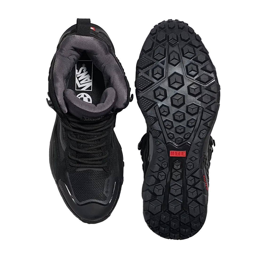 Top and bottom view of Vans MTE Crestline ADV Gore-Tex in black showing waterproof upper construction and aggressive All-Trac outsole tread pattern designed for wet trails, tactical movement, and all terrain traction