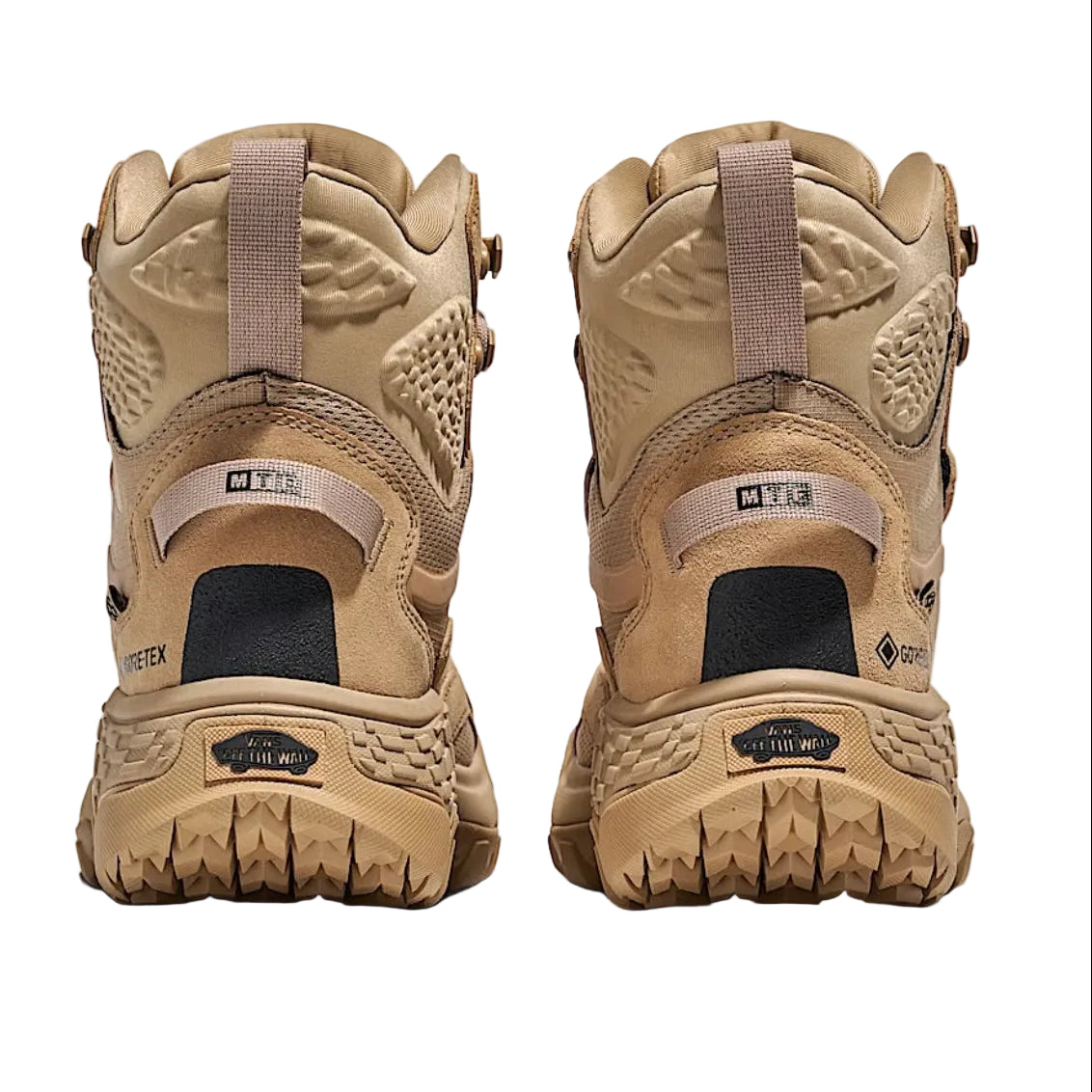 Rear heel view of Vans MTE Crestline ADV Gore-Tex in khaki showing reinforced heel counter, wraparound mudguard, and supportive high top collar built for waterproof trail hiking and rugged outdoor stability