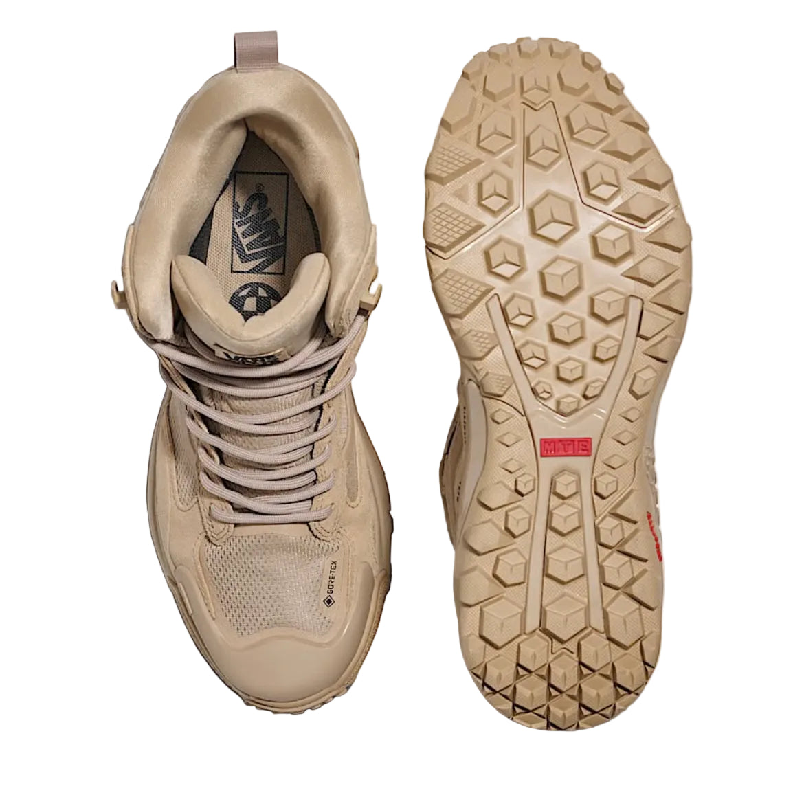 Top and outsole view of Vans MTE Crestline ADV Gore-Tex khaki showing breathable waterproof upper construction and aggressive All-Trac rubber tread pattern designed for hiking traction, trail stability, and all weather outdoor use