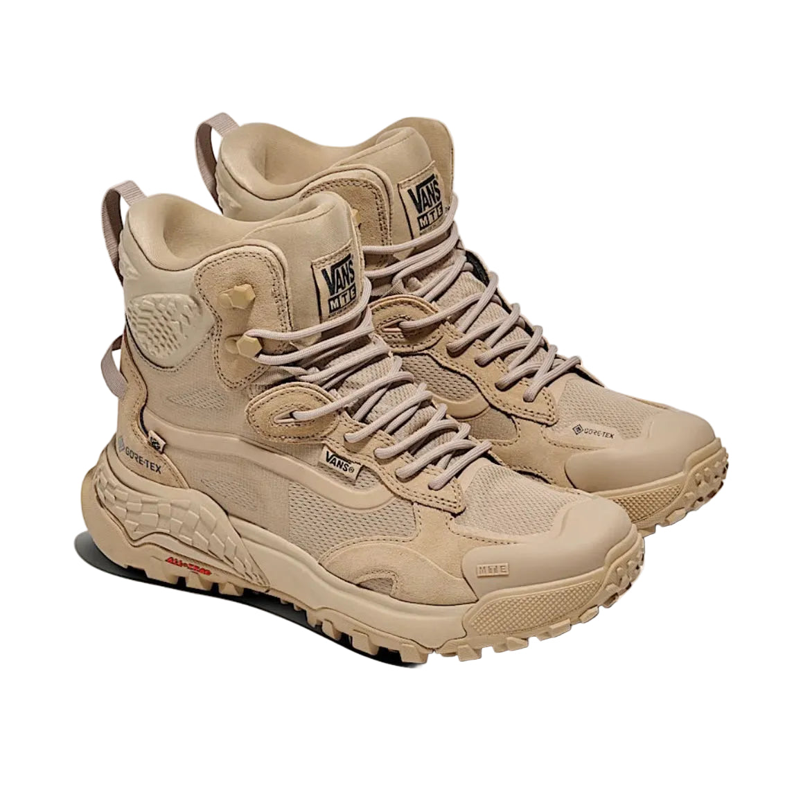 Vans MTE Crestline ADV Gore-Tex in khaki colorway featuring waterproof GORE-TEX upper, reinforced mudguards, UltraCush midsole, and All-Trac outsole built for lightweight hiking, wet weather grip, and all terrain performance