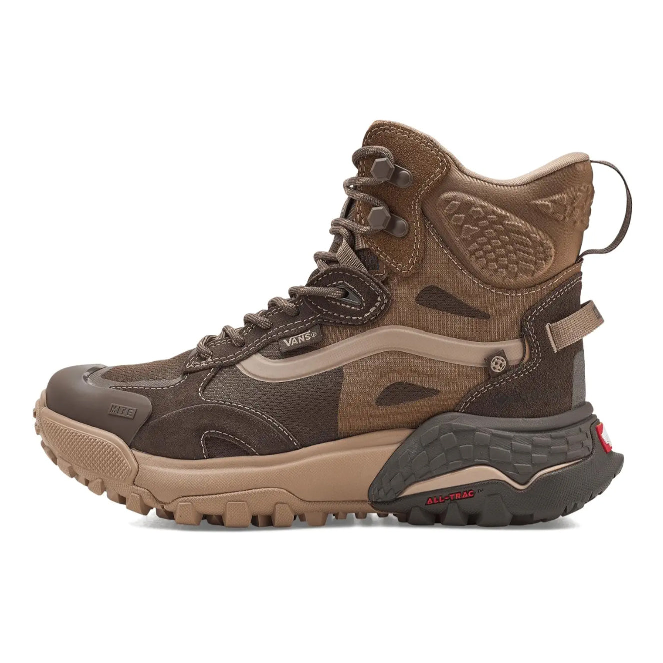 Vans MTE Crestline ADV Gore-Tex in Tobacco Brown front product photo, waterproof sneaker boot with GORE-TEX upper, UltraCush midsole, and All-Trac outsole built for all terrain hiking and everyday tactical wear