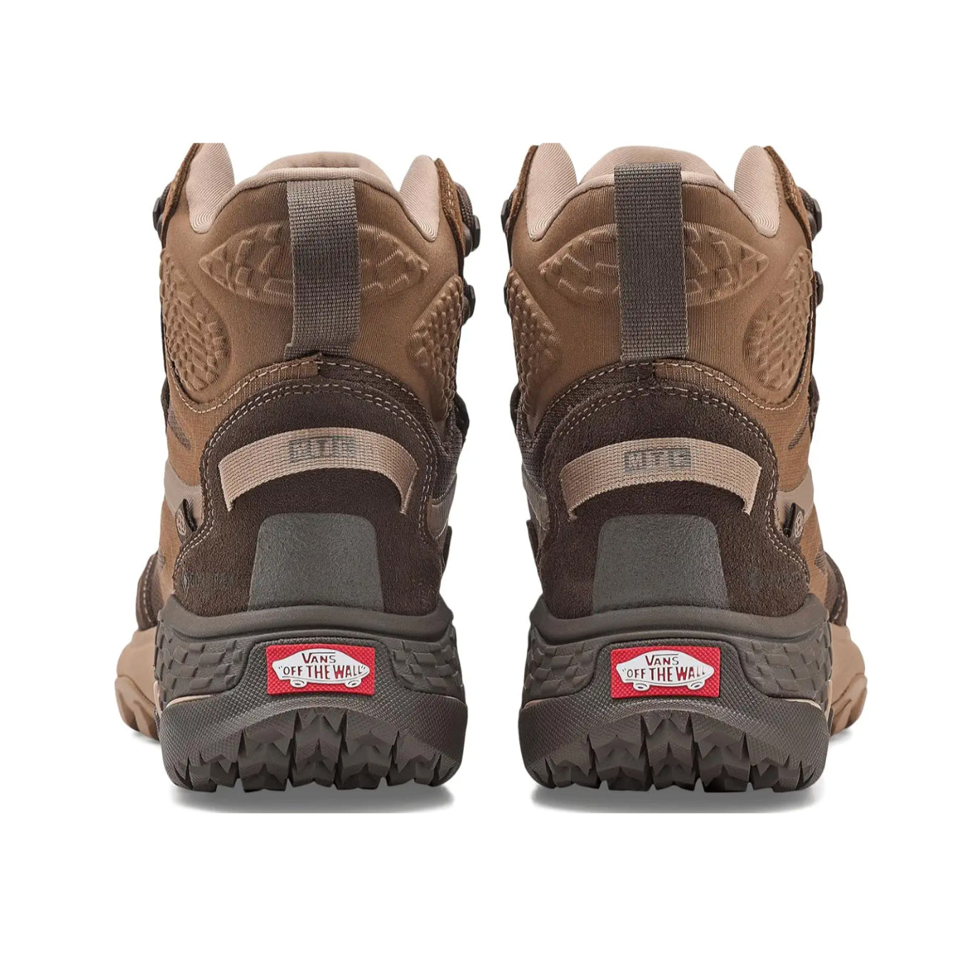 Rear heel view of Vans MTE Crestline ADV Gore-Tex in Tobacco Brown showing reinforced heel counter, mudguard protection, and high top support structure designed for waterproof trail stability and rugged outdoor use