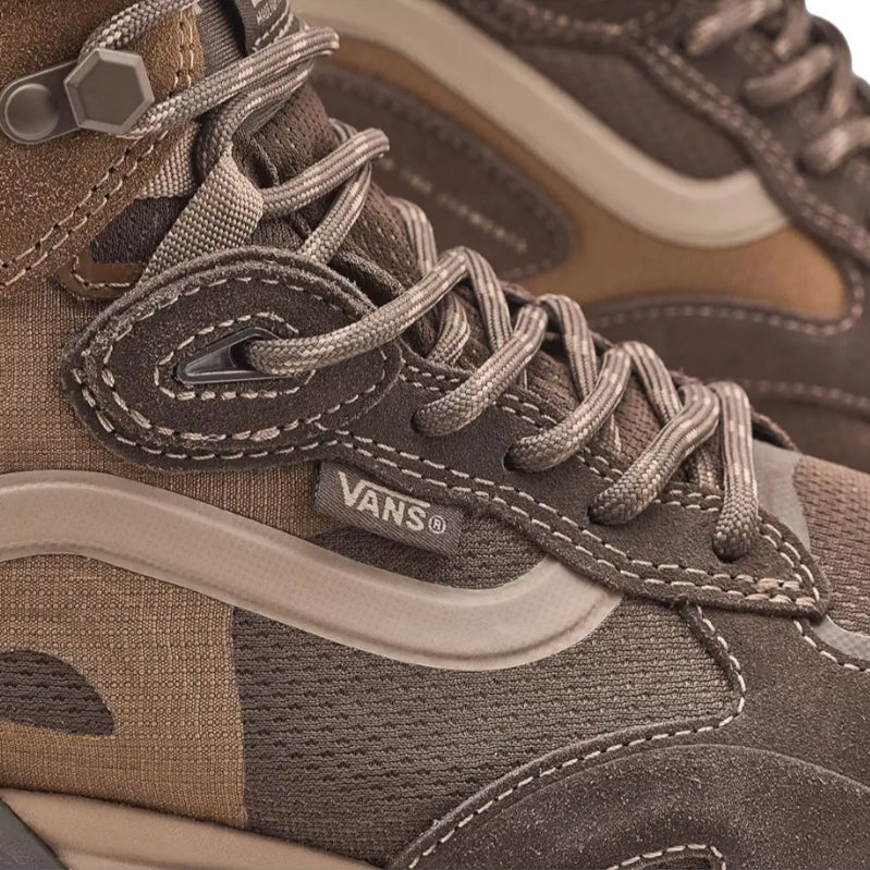 Close up of Vans MTE Crestline ADV Gore-Tex Tobacco Brown showing waterproof GORE-TEX upper fabric, reinforced lace eyelets, Vans tongue branding, and durable trail-ready construction for rugged all terrain use