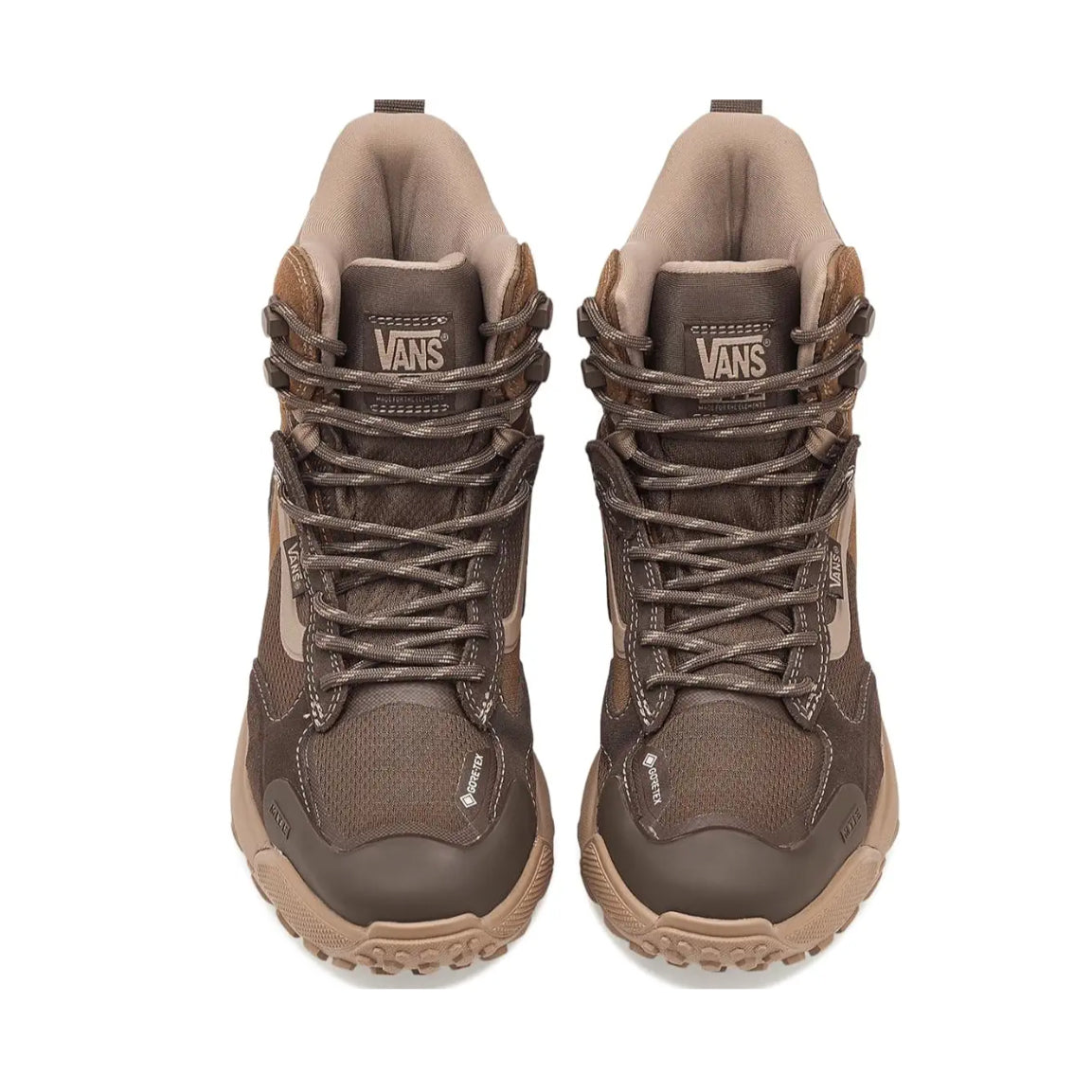 Top down view of Vans MTE Crestline ADV Gore-Tex in Tobacco Brown showing lace system, padded collar, and roomy toe box design, waterproof hiking sneaker boots built for all weather comfort and stability