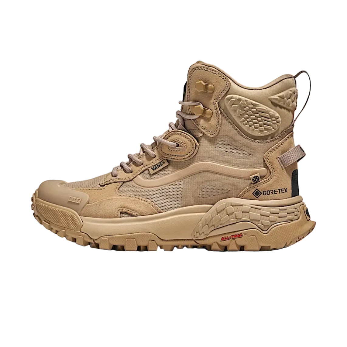 Vans MTE Crestline ADV Gore Tex sneaker boot in coyote tan colorway featuring waterproof Gore Tex upper, all terrain traction outsole, and durable tactical hiking performance for outdoor and everyday wear
