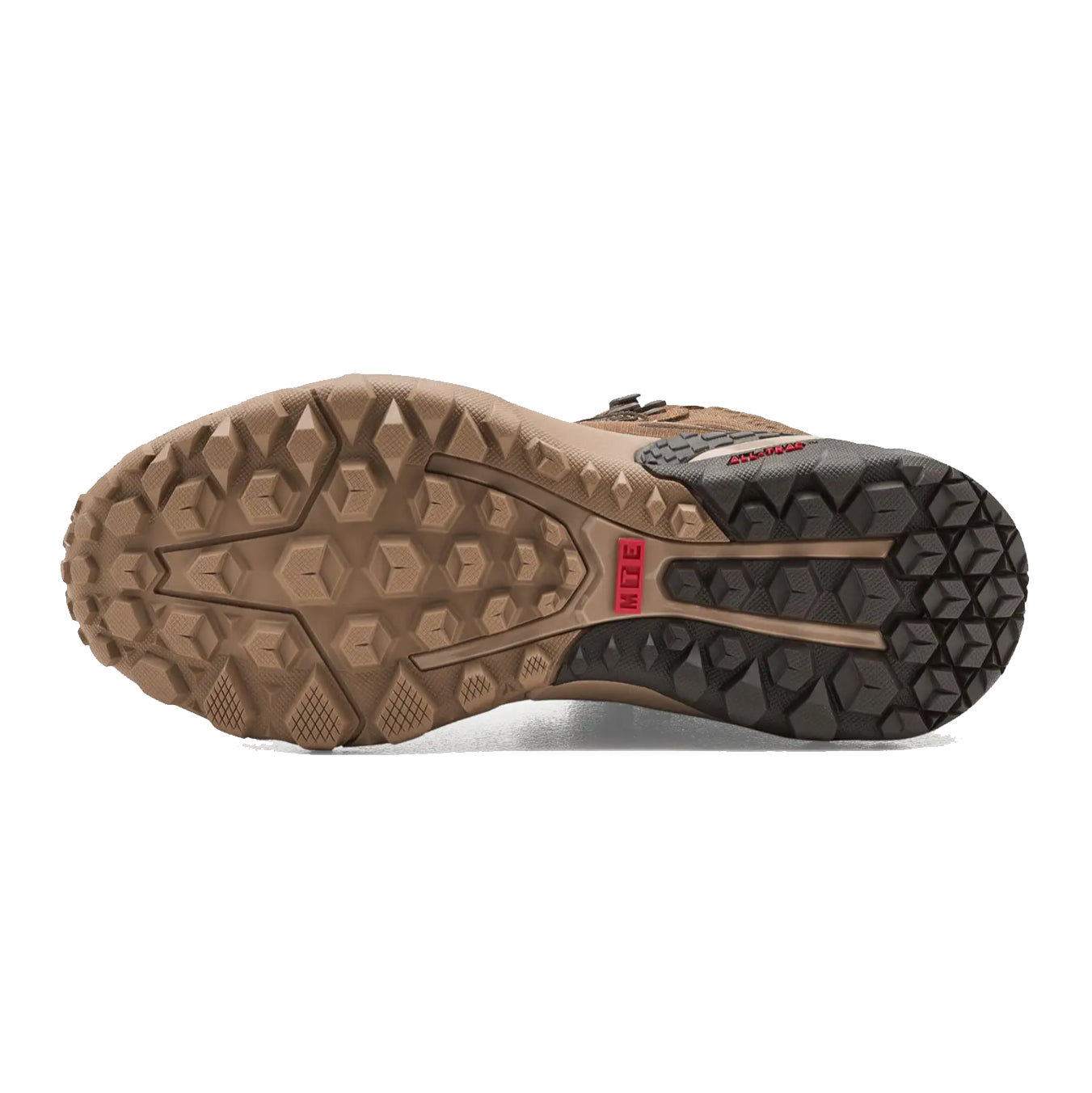 bottom outsole of Vans MTE Crestline ADV Gore Tex sneaker boot in tobacco brown showing aggressive All Trac tread pattern for traction on wet loose and uneven terrain in tactical hiking and outdoor use