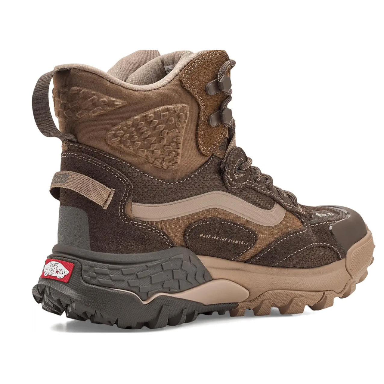 Side view of Vans MTE Crestline ADV Gore Tex sneaker boot in tobacco brown showing waterproof Gore Tex upper, reinforced overlays, and high top support for tactical hiking and all terrain performance