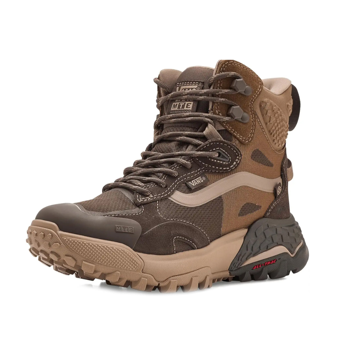 Vans MTE Crestline ADV Gore Tex sneaker boot in tobacco brown colorway featuring waterproof Gore Tex upper, durable leather overlays, all terrain traction outsole, and lightweight tactical hiking performance for rugged outdoor and everyday use
