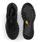 Top and outsole view of the Vans MTE Crosspath Black on Black displaying the lace system, footbed, and aggressive all-terrain tread pattern.