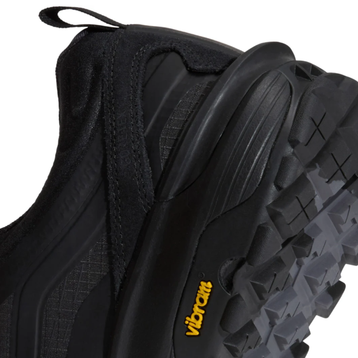 Close-up of the Vans MTE Crosspath Black on Black heel area showing the durable construction, pull loop, and Vibram outsole integration.