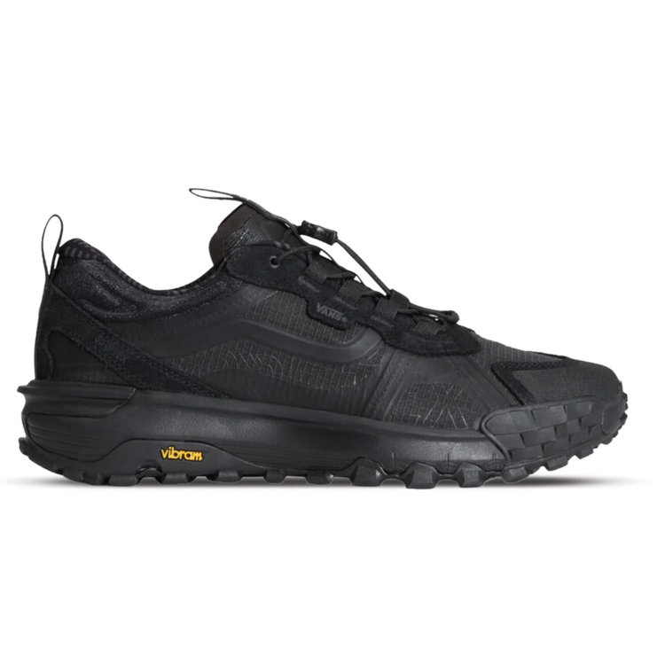 Side view of the Vans MTE Crosspath in Black on Black showcasing the lightweight trail-inspired design, reinforced upper, and all-terrain traction system.