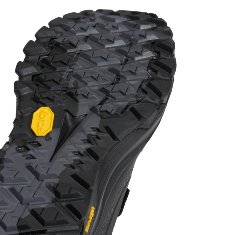 Bottom view of the Vans MTE Crosspath Black on Black featuring a Vibram outsole with aggressive tread for traction on wet, loose, and uneven terrain.
