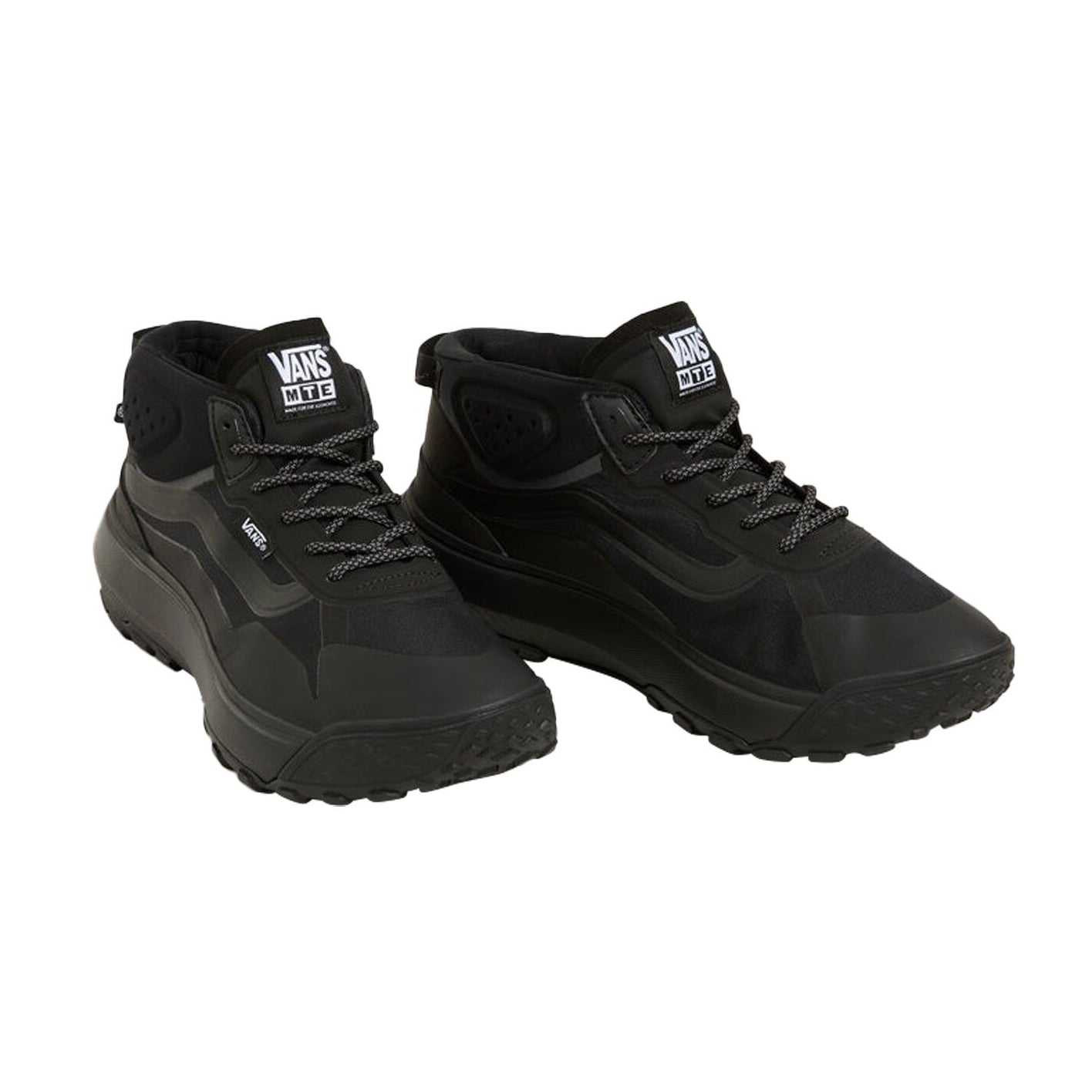 Pair of Vans MTE Crosspath Mid Shoes in Black showcasing the lightweight hiking-inspired design, durable construction, and all-terrain capability.