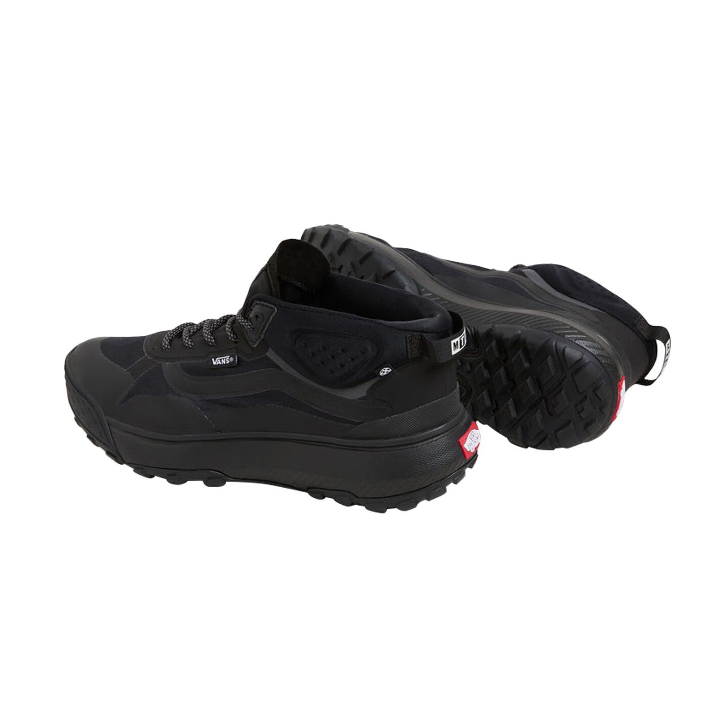 Side profile of the Vans MTE Crosspath Mid Shoe in Black featuring a lightweight design, DWR-treated upper, and supportive mid-top silhouette.