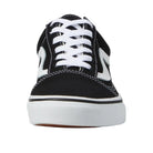 Front view of the Vans Old Skool Shoe in Black and White showing the lace-up closure, reinforced toe area, and classic skate shoe profile.