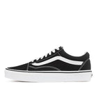 Side profile of the Vans Old Skool Shoe in Black and White highlighting the iconic Vans side stripe and timeless skate-inspired design.