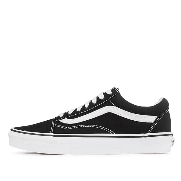 Side profile of the Vans Old Skool Shoe in Black and White highlighting the iconic Vans side stripe and timeless skate-inspired design.