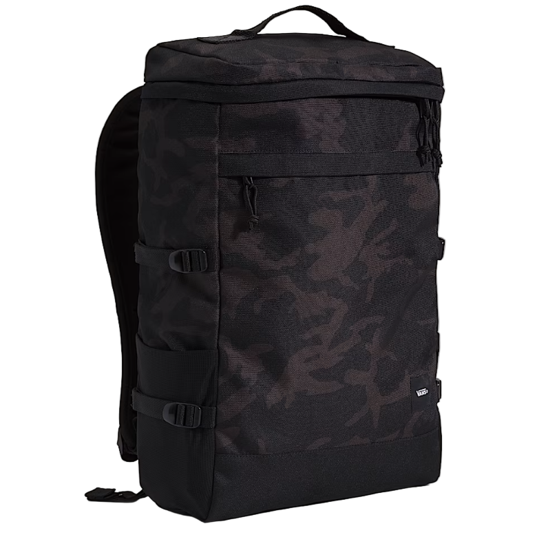 Front product shot of the Vans Omit Backpack showing the rugged 28 liter Cordura construction with top load main compartment, padded laptop sleeve, and dual water bottle pockets built for daily carry, range days, and weekend missions.
