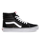Side profile of the Vans Sk8-Hi in black suede and canvas with white Sidestripe. Classic high-top skate shoe featuring reinforced toe cap, padded collar, lace-up closure, and signature rubber waffle outsole for grip and durability.