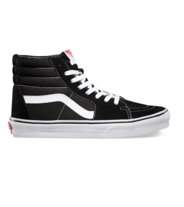 Side profile of the Vans Sk8-Hi in black suede and canvas with white Sidestripe. Classic high-top skate shoe featuring reinforced toe cap, padded collar, lace-up closure, and signature rubber waffle outsole for grip and durability.
